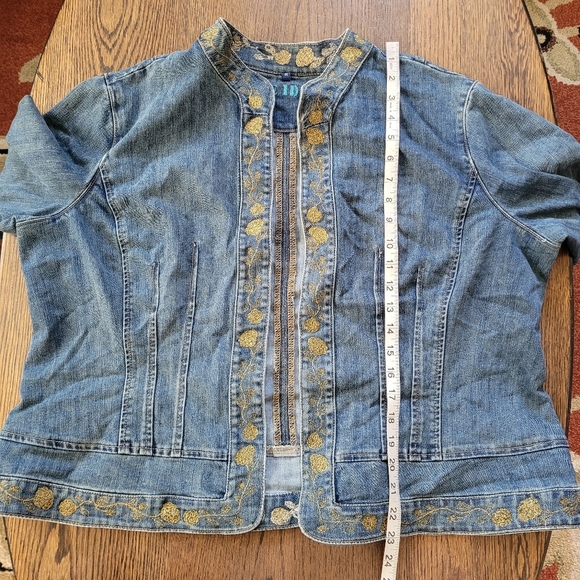 Blue Identity Gold Floral Metallic Open Front Blue Denim Jacket Size Women's 1X - Picture 7 of 11